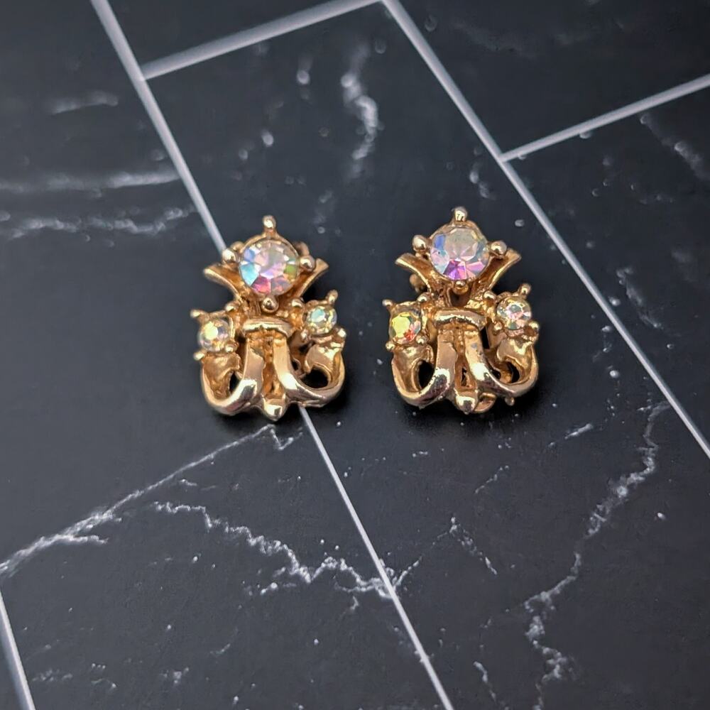 Vintage Clip On Earrings Gold Tone with Iridescent Gems Elegant Stylish